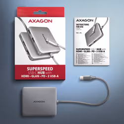 Axagon N HMC-5HL USB 5Gbps hub 2x USB-A HDMI 4k/60Hz RJ-45 GLAN PD 100W kabel USB-C Wired USB 3.2 Gen 1 (3.1 Gen 1) Type-C Silver - Additional view 6