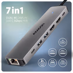 Axagon HMC-7HX2 USB 5Gbps hub, 2x USB-A, USB-C, 2x HDMI 4k/60Hz, RJ-45, PD 100W - Additional view 3