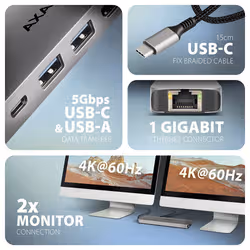 Axagon HMC-7HX2 USB 5Gbps hub, 2x USB-A, USB-C, 2x HDMI 4k/60Hz, RJ-45, PD 100W - Additional view 6