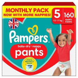 Pampers Baby-Dry Nappy Pants, Size 5 12 - 17kg 160 Nappies, MONTHLY SAVING PACK, Stop and Protect Pocket for Leak Free Protection