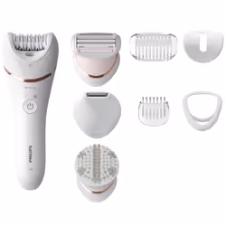 Philips Epilator Series 8000 BRE735/01 Wet and dry epilator with 8 accessories, White, 32 tweezers, Epilation, Exfoliation, P ...