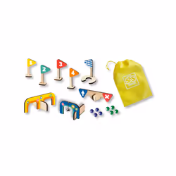 SES Creative Marble golf - Wooden minigolf course - Can be played everywhere, Wooden mini golf course, Make up your own route, storage bag for all the parts and marbles, Age 3+