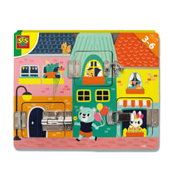 SES Creative I learn - Latches board - Sustainable wooden latches board, Happy illustrations, Age 3+