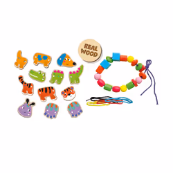 SES Creative Lacing animals with beads - Sustainable wooden parts, Animals with funny design, Age 3+