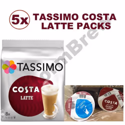 Tassimo Costa Latte Coffee Pods, Packs of 5, 40 Drinks