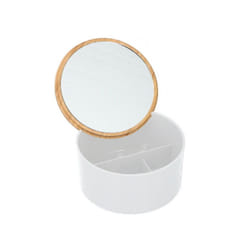 Bamboo Cosmetic Organiser Cotton Bud Swab Pad Makeup Holder Jar Dispenser Storag - 3 Section With Mirror Lid
