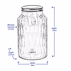 Glass Beverage Drinks Dispenser with Tap Screw Lid Cocktail Juice Party Large - 5.5L - Geometric