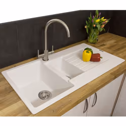 Reginox Harlem15 Kitchen Sink 1.5 Bowl Sink Pure White Granite Reversible Waste