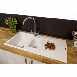 Reginox Harlem15 Kitchen Sink 1.5 Bowl Sink Pure White Granite Reversible Waste