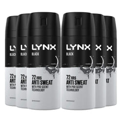 Lynx Black 72 HRS Anti-Perspirant Body Spray for Men, 6x150ml