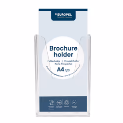 Europel Brochure holder 1/3 A4 Wall Mounted Clear, Sign holder, A4, Polystyrene, Transparent, Vertical, 110 mm