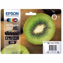 Epson Kiwi Multipack 5-colours 202XL Claria Premium Ink, High (XL) Yield, Black, Photo black, Cyan, Magenta, Yellow, Pigment- ...