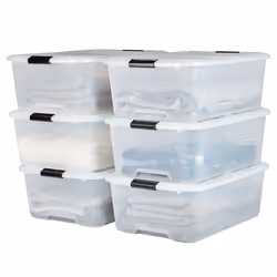 Iris Ohyama Plastic Storage Boxes with Lids, 30L, Set of 6, Clear, Latching Buckles with Handles, Stackable, Wing lid, Strong