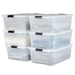Iris Ohyama Plastic Storage Boxes with Lids, 30L, Set of 6, Clear, Latching Buckles with Handles, Stackable, Wing lid, Strong