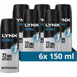 6 x Lynx 72hrs Anti Sweat Anti-Perspirant Body Spray 150ml - Ice Chill