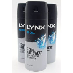 3 x Lynx 72hrs Anti Sweat Anti-Perspirant Body Spray 150ml - Ice Chill