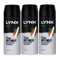 3 x Lynx 72hrs Anti Sweat Anti-Perspirant Body Spray 150ml - Africa