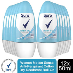 Sure Women Motion Sense Deodorant Roll-On, Cotton Dry, 12 Pack, 50ml