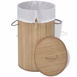 vidaXL Collapsible Laundry Basket  Laundry Hamper with Lid and Handles  Dirty Clothes Basket with Removable Liner  Laundry Bin  Natural Round Bamboo