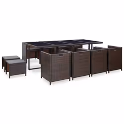 vidaXL Outdoor Dining Set 13 Piece with Cushions Poly Rattan Brown Garden Set