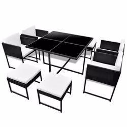 vidaXL Outdoor Dining Set 9 Piece with Cushions Poly Rattan Black Garden Set