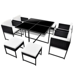vidaXL Outdoor Dining Set 9 Piece with Cushions Poly Rattan Black Garden Set