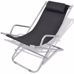 vidaXL 2x Reclining Deck Chairs Black Steel Outdoor Sunloungers Swing Chairs