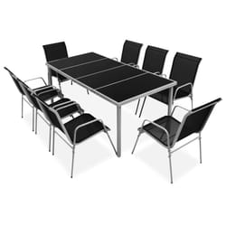 vidaXL Outdoor Dining Set 9 Pieces Black Glass Tabletop Stackable Chairs Patio