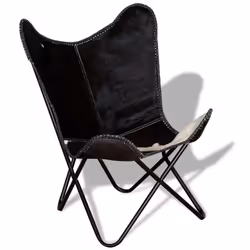 vidaXL Butterfly Chair Camping Chair Black and White Real Cowhide Leather