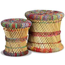 vidaXL Stool Set 2 Pieces Bamboo with Chindi Details Multicolour Handmade Seat