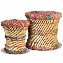 vidaXL Stool Set 2 Pieces Bamboo with Chindi Details Multicolour Handmade Seat - Additional view 4