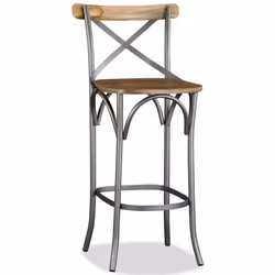 vidaXL Solid Mango Wood Bar Stool Steel Cross Back Industrial High Chair Seat