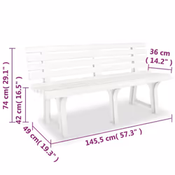 vidaXL Garden Bench 145.5x49x74 cm Plastic White Outdoor Patio Bench Seat - Additional view 5