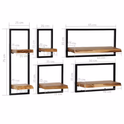 vidaXL Solid Acacia Wood and Steel Wall Shelf Set 5 Piece Ledges Display Unit