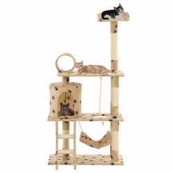 vidaXL Cat Tree with Sisal Scratching Posts 140cm Beige Paw Prints Play Tower