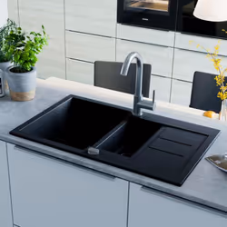 vidaXL Granite Kitchen Sink Double Basin Black Overmount with Basket Strainer
