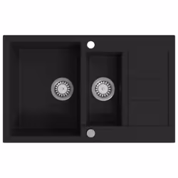 vidaXL Granite Kitchen Sink Double Basin Black Overmount with Basket Strainer