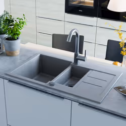 vidaXL Granite Kitchen Sink Double Basin Grey Overmount with Basket Strainer