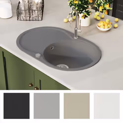 vidaXL Granite Kitchen Sink Single Basin Oval Grey Overmount Basket Strainer