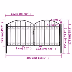 vidaXL Fence Gate Double Door with Arched Top Steel Black Barrier Multi Sizes - 300 x 125 cm