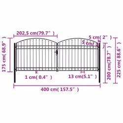 vidaXL Fence Gate Double Door with Arched Top Steel Black Barrier Multi Sizes - 400 x 175 cm