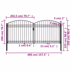 vidaXL Fence Gate Double Door with Arched Top Steel Black Barrier Multi Sizes - 400 x 200 cm