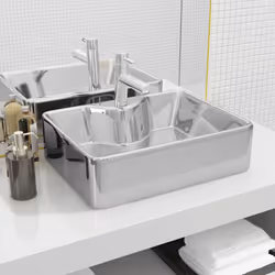 vidaXL Wash Basin Faucet Hole 48x37x13.5 cm Ceramic Silver Bathroom Home Bow