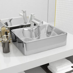 vidaXL Wash Basin Faucet Hole 48x37x13.5 cm Ceramic Silver Bathroom Home Bow