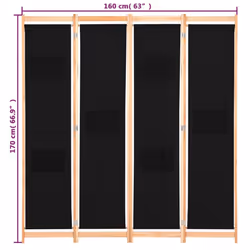 vidaXL 4-Panel Room Divider Black 160x170cm Fabric Privacy Screen Partition