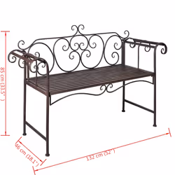 Metal Brown Garden Bench Scroll-patterned Detailing Backrest Weatherproof
