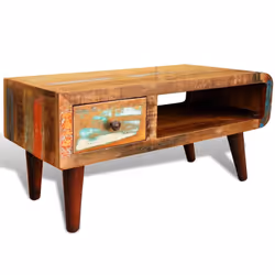vidaXL Coffee Table with Curved Edge 1 Drawer Reclaimed Wood Home Furniture