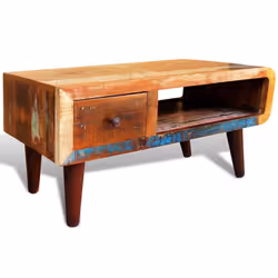 vidaXL Coffee Table with Curved Edge 1 Drawer Reclaimed Wood Home Furniture