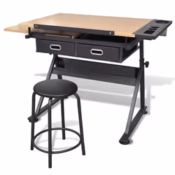 vidaXL Two Drawers Tiltable Tabletop Drawing Table with Stool Computer Desk - Additional view 2