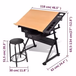 vidaXL Two Drawers Tiltable Tabletop Drawing Table with Stool Computer Desk - Additional view 3